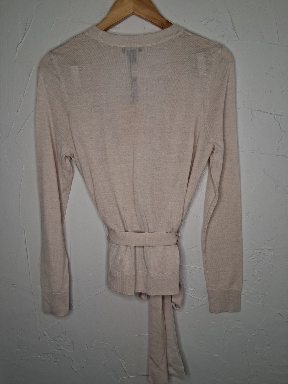 Halogen Merino Wool Blend Wrap Sweater Cardigan Belted Beige Balletcore Luxury - Picture 10 of 11